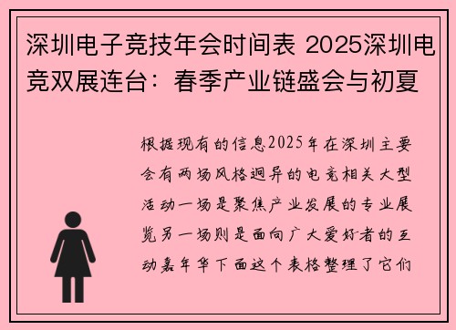 深圳电子竞技年会时间表 2025深圳电竞双展连台：春季产业链盛会与初夏文博狂欢