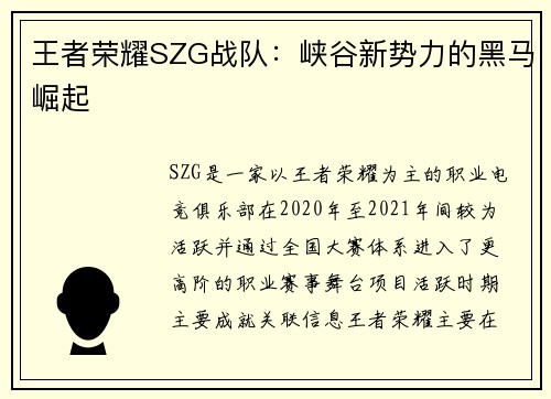 王者荣耀SZG战队：峡谷新势力的黑马崛起